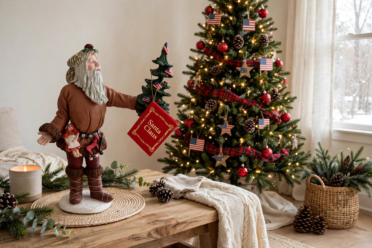 Styled lifestyle photo — display inspiration: Pioneer Santa figurine on a side table beside a Christmas tree with Americana ornaments