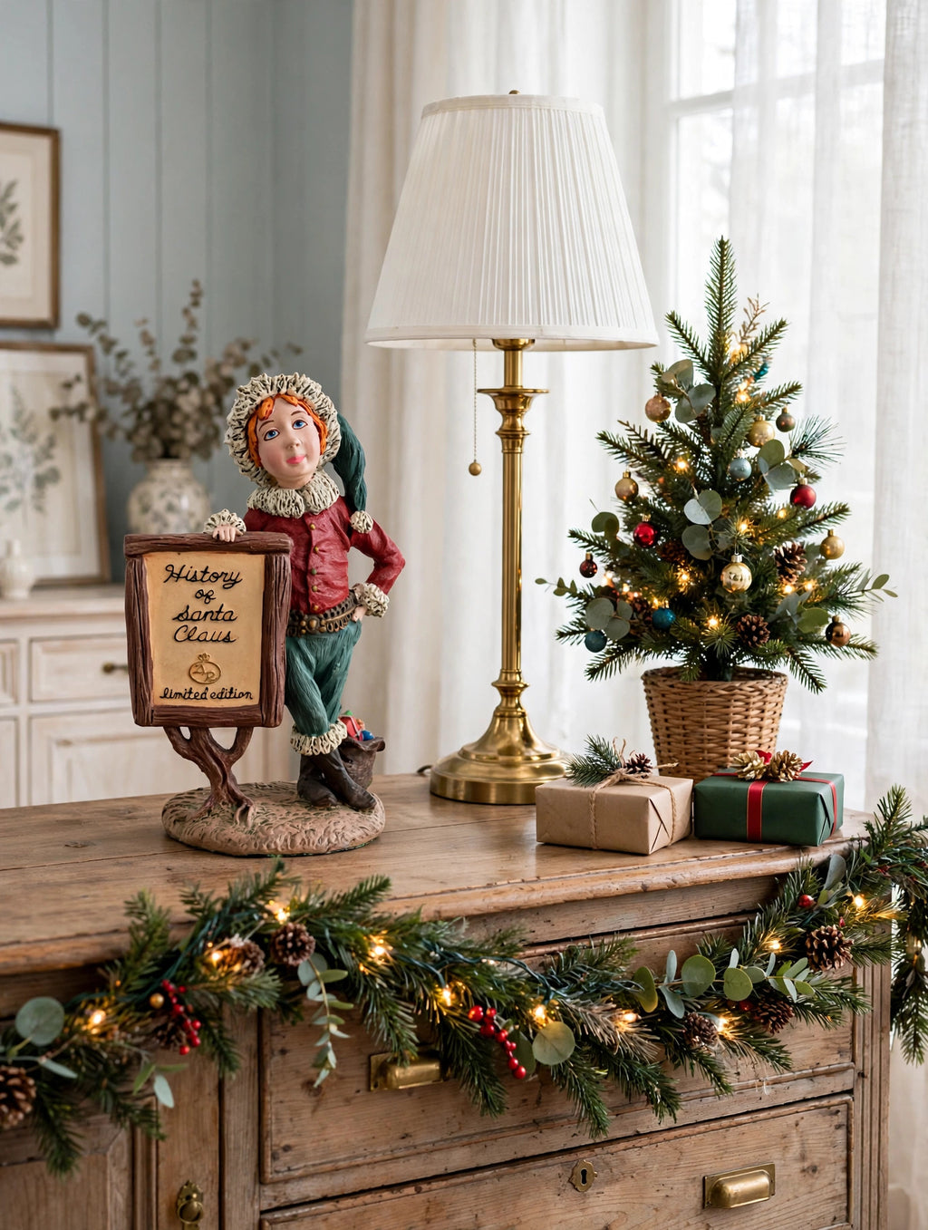 Styled lifestyle photo — the Signature Piece on a vintage wooden sideboard beside a tall brass table lamp, a small tabletop Christmas tree, wrapped gifts and a lit garland (display inspiration)