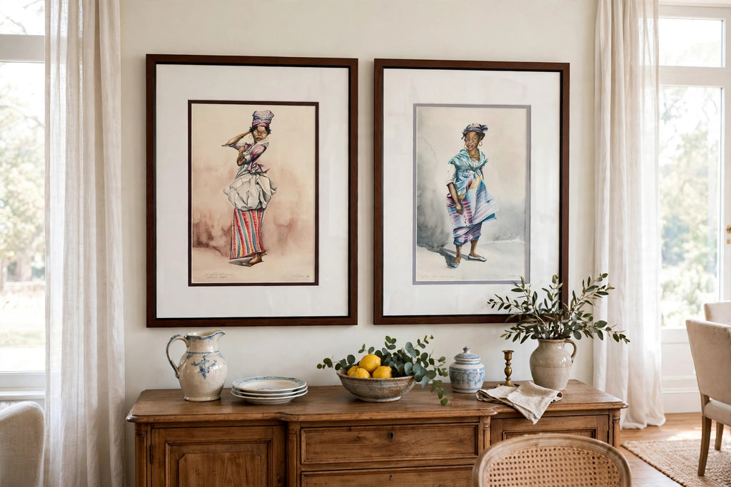 Styled lifestyle photo - the pair above a sideboard in a dining room (display inspiration)