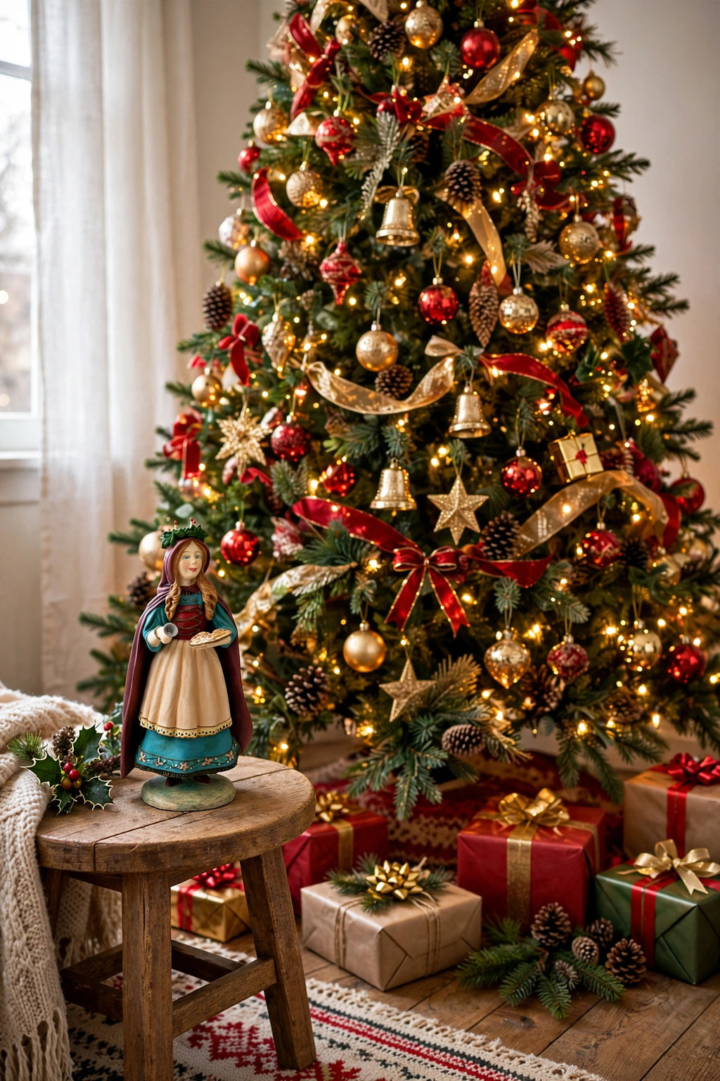 Styled lifestyle photo — St. Lucia on a side table beside a decorated Christmas tree with wrapped gifts (display inspiration)