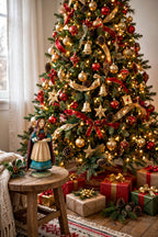 Styled lifestyle photo — St. Lucia on a side table beside a decorated Christmas tree with wrapped gifts (display inspiration)