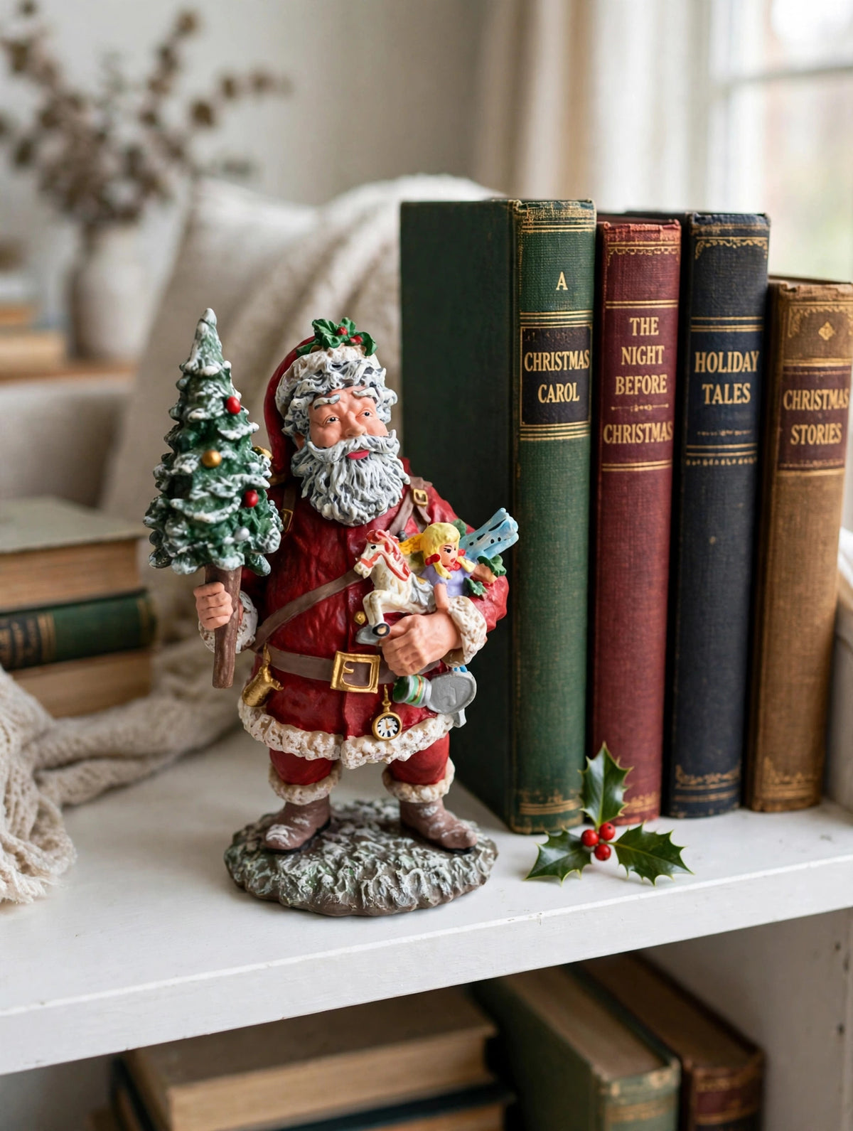 Styled lifestyle photo — display inspiration: Today's Nast Santa figurine on a bookshelf among vintage Christmas books