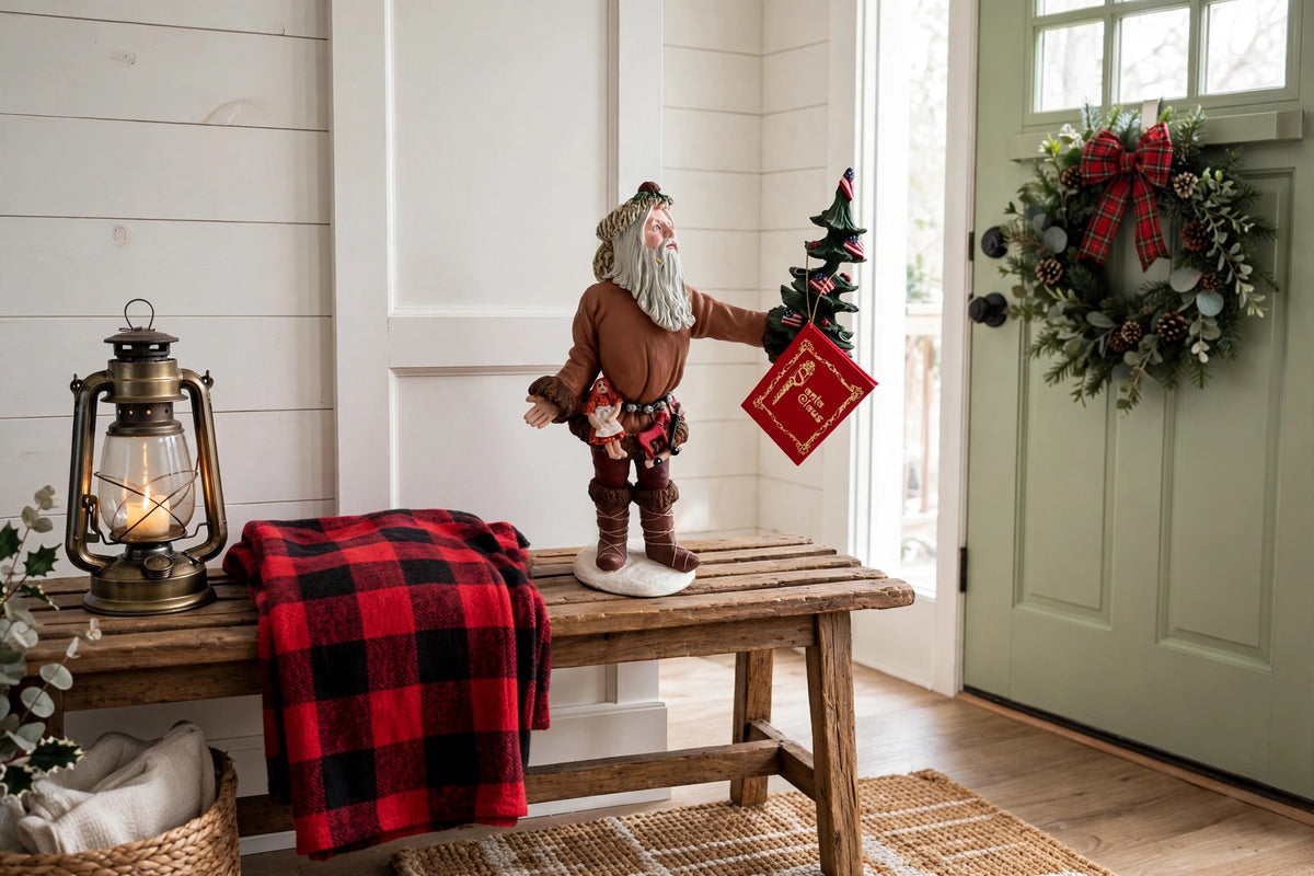 Styled lifestyle photo — display inspiration: Pioneer Santa figurine on an entry bench with a wreath and plaid throw