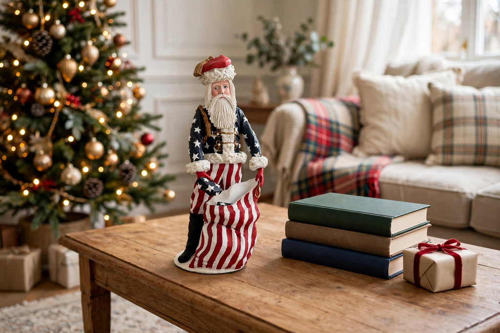 Styled lifestyle photo — on a wooden coffee table with a stack of books and a wrapped gift, a lit Christmas tree behind (display inspiration)