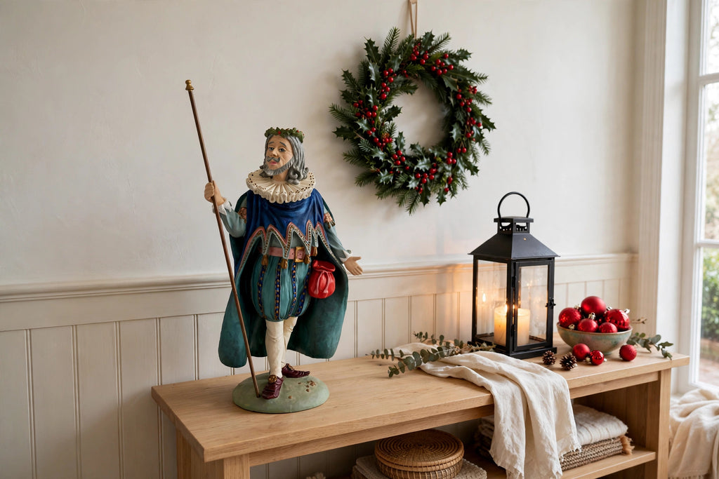 Styled lifestyle photo — display inspiration: Sir Christmas figurine on an entryway console table beside a glowing lantern, with holly and greenery