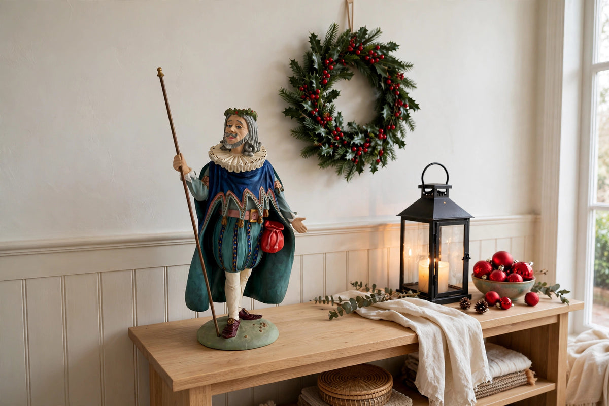 Styled lifestyle photo — display inspiration: Sir Christmas figurine on an entryway console table beside a glowing lantern, with holly and greenery