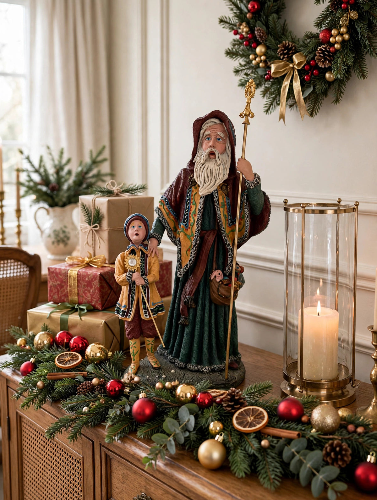 Styled lifestyle photo — as a centerpiece on a festive sideboard with garland, ornaments, gifts and a tall hurricane lantern (display inspiration)