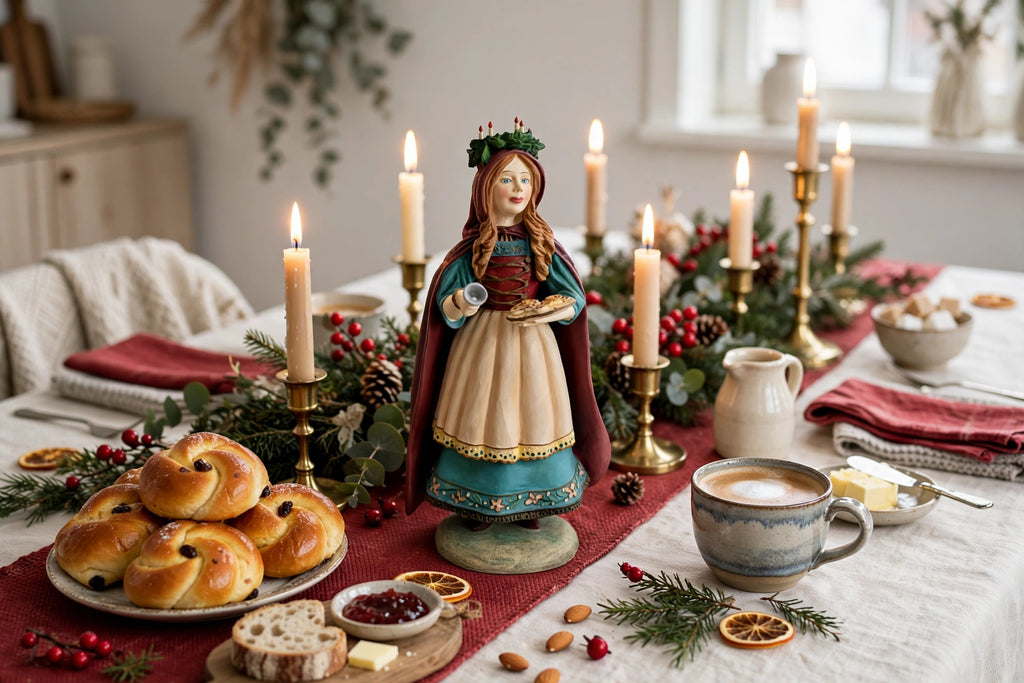 Styled lifestyle photo — St. Lucia as the centerpiece of a Scandinavian Christmas table with candles, saffron buns and coffee (display inspiration)
