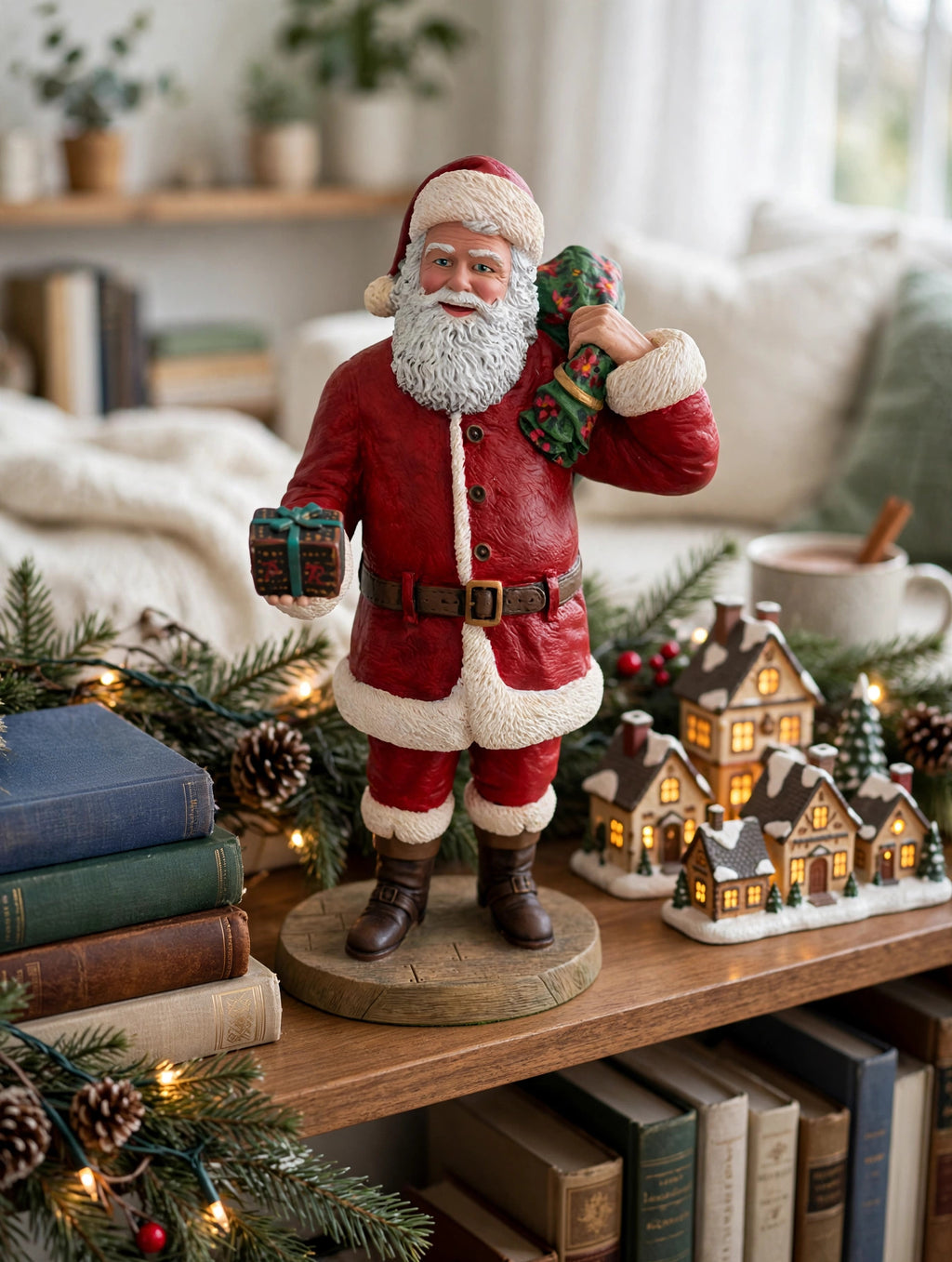 Styled lifestyle photo — display inspiration: Santa's Gift figurine on a living-room bookshelf with a miniature Christmas village