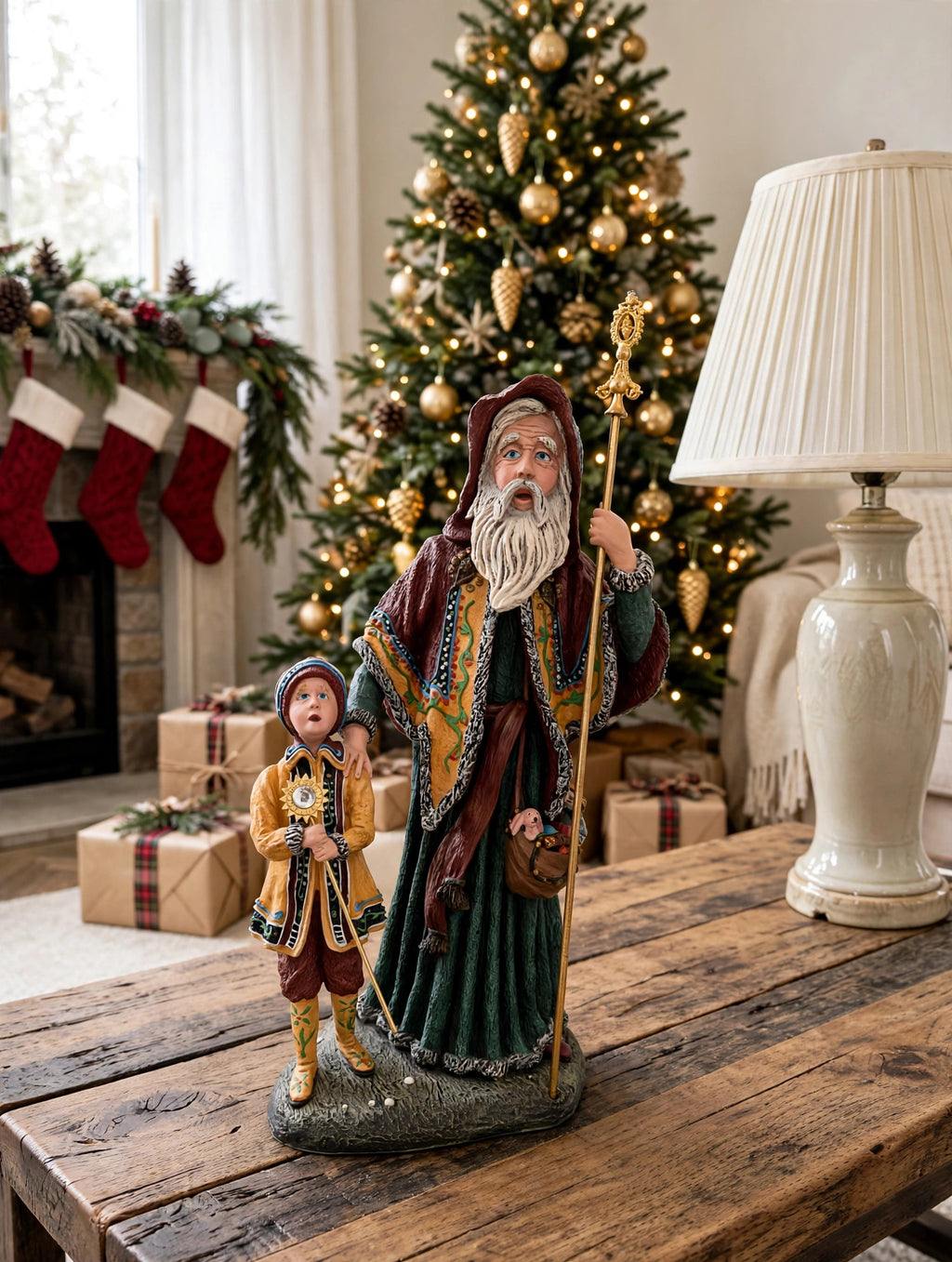 Styled lifestyle photo — on a rustic wooden coffee table beside a tall ceramic lamp, with a decorated Christmas tree, wrapped gifts and a stockinged fireplace behind (display inspiration)