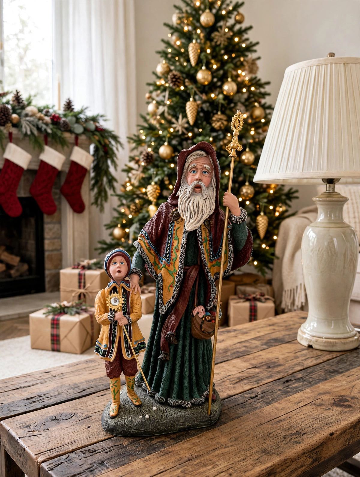 Styled lifestyle photo — on a rustic wooden coffee table beside a tall ceramic lamp, with a decorated Christmas tree, wrapped gifts and a stockinged fireplace behind (display inspiration)
