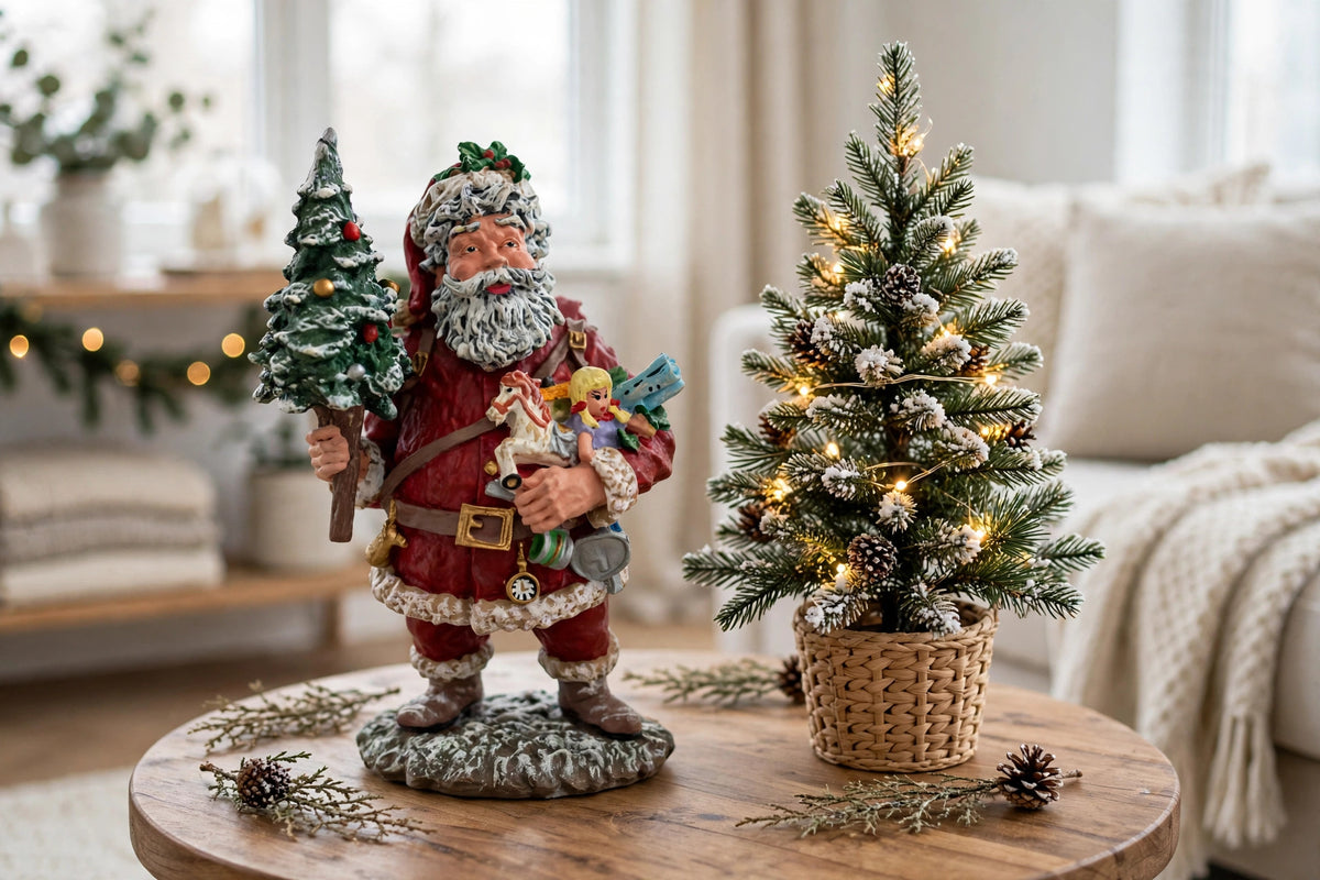 Styled lifestyle photo — display inspiration: Today's Nast Santa figurine on a side table beside a small flocked Christmas tree with warm lights
