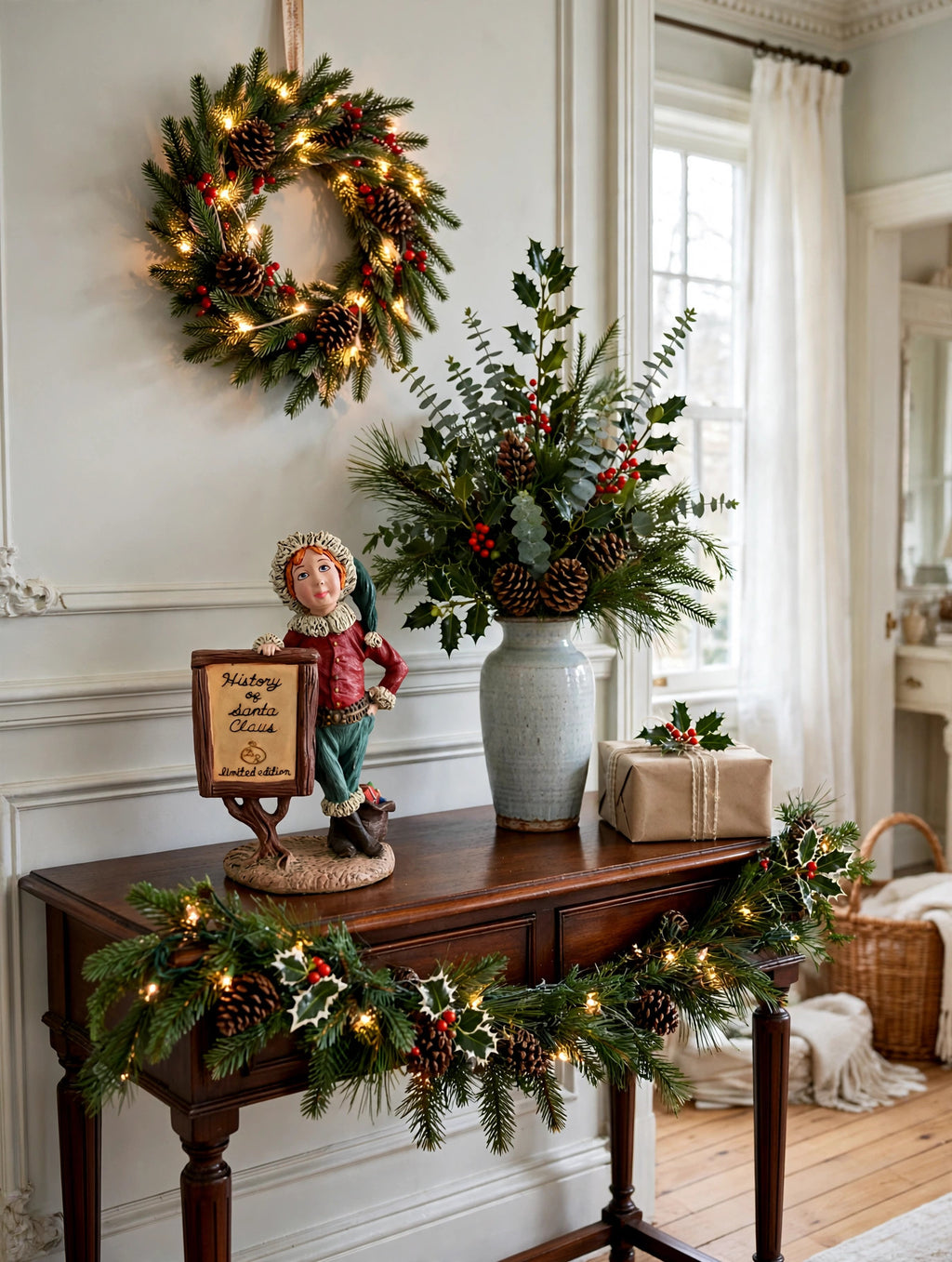 Styled lifestyle photo — the Signature Piece on a dark-wood entry table beside a tall vase of holly and greenery, with a lit wreath, garland and a wrapped gift (display inspiration)