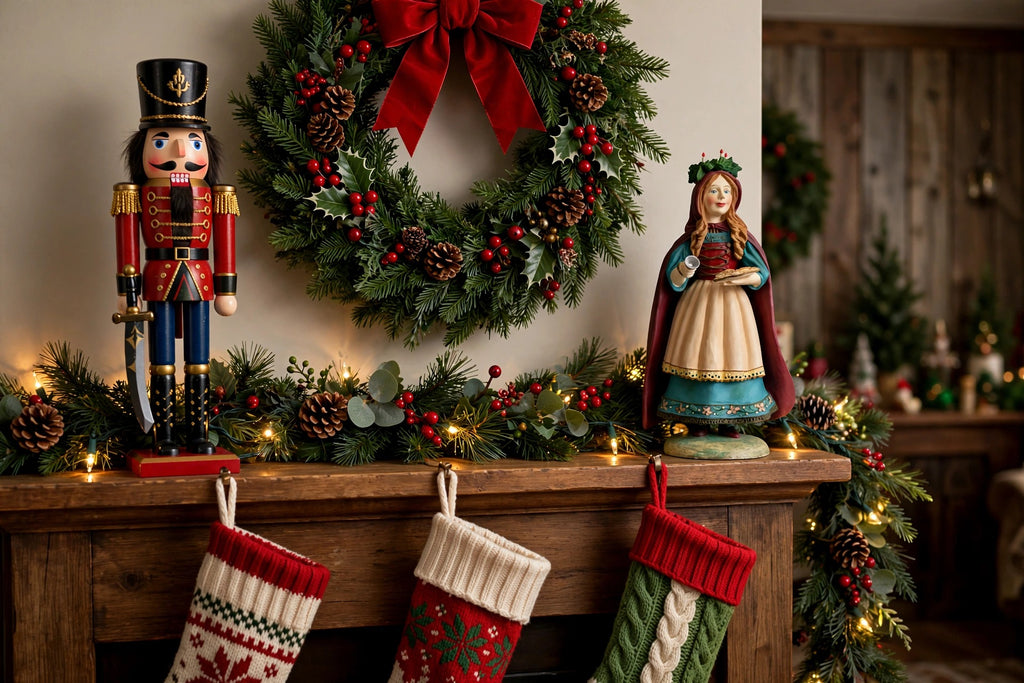 Styled lifestyle photo — St. Lucia on a Christmas mantel with wreath, stockings, garland and a nutcracker (display inspiration)