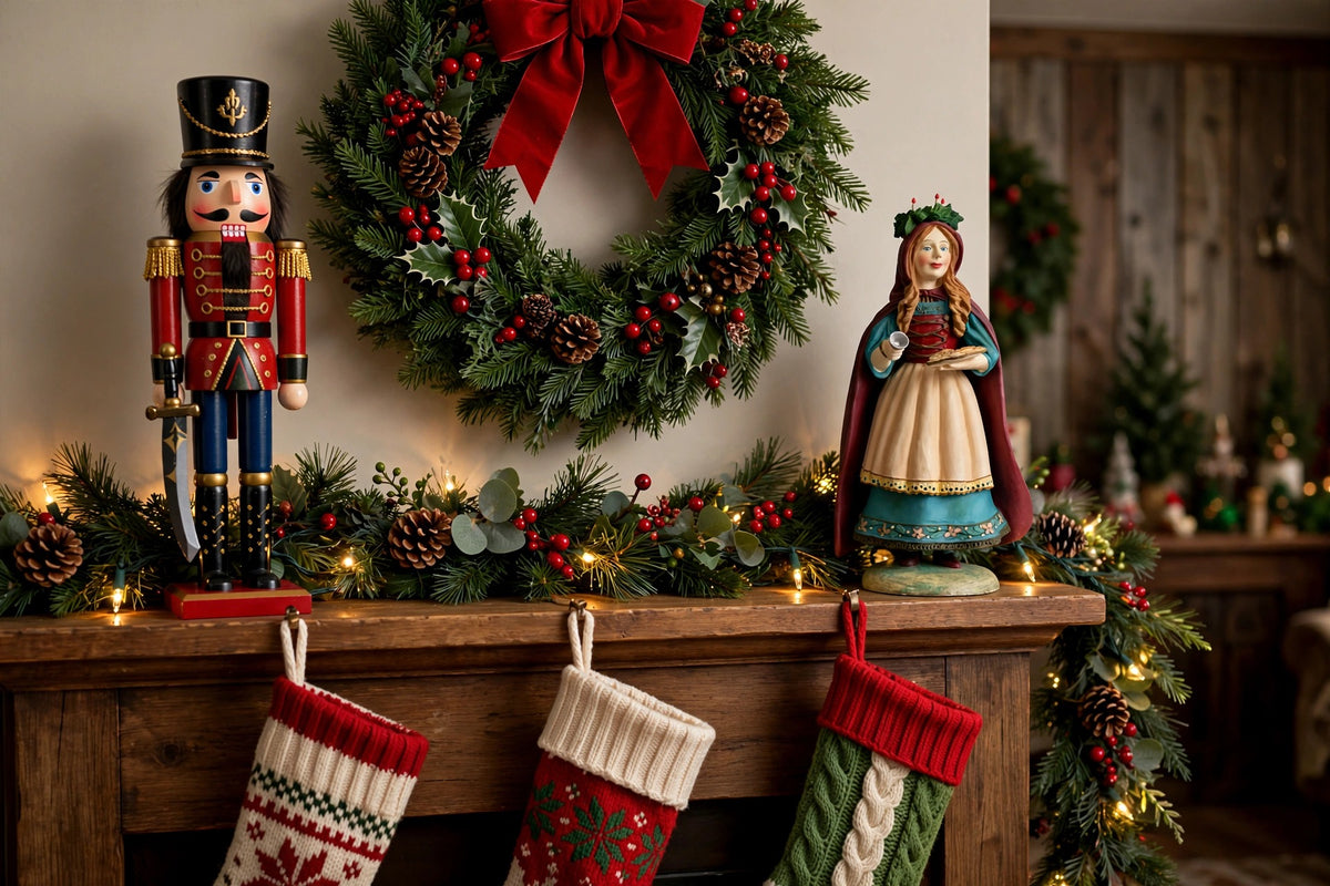 Styled lifestyle photo — St. Lucia on a Christmas mantel with wreath, stockings, garland and a nutcracker (display inspiration)