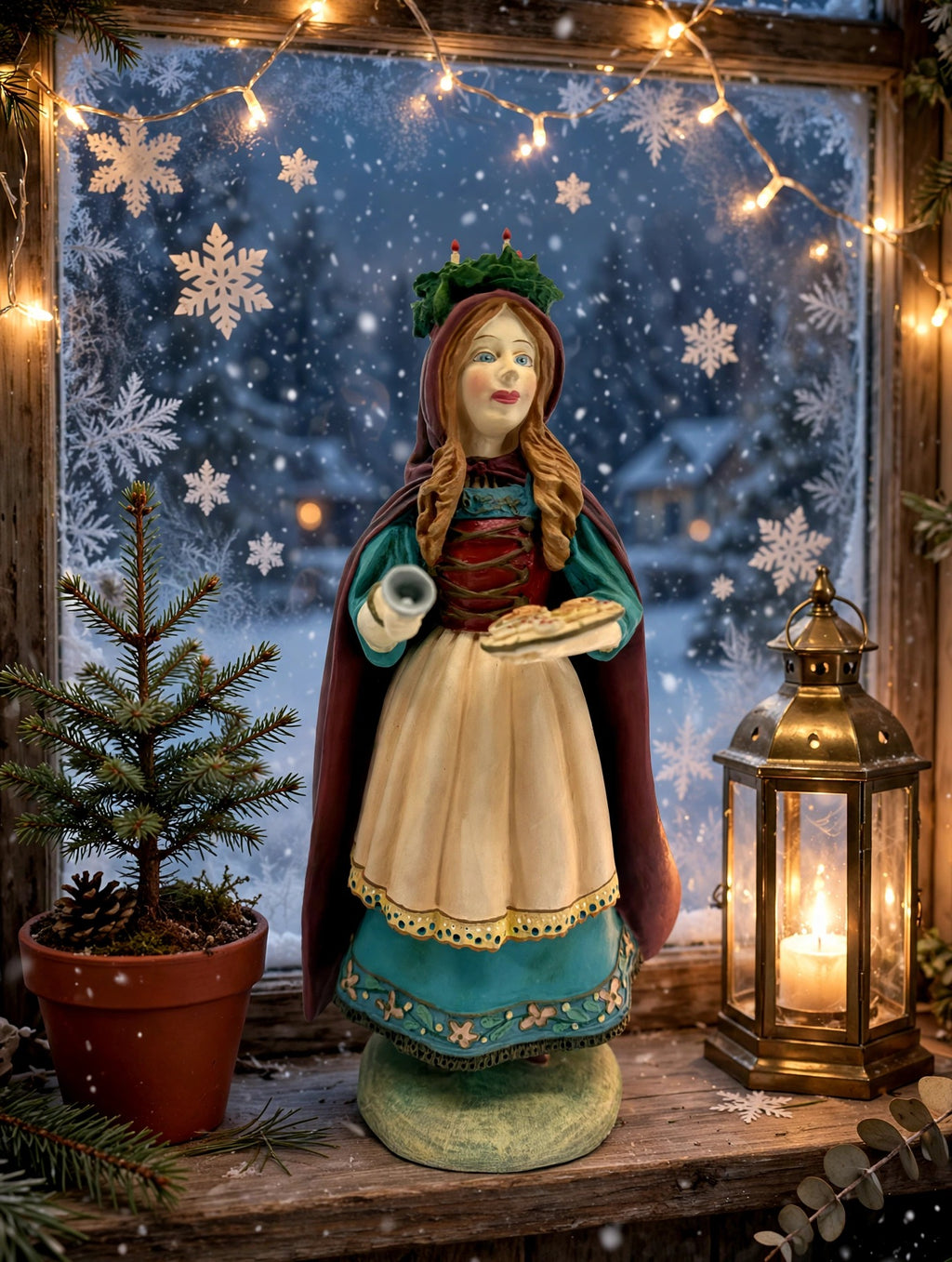 Styled lifestyle photo — St. Lucia on a snowy windowsill with a lantern, potted spruce and fairy lights (display inspiration)