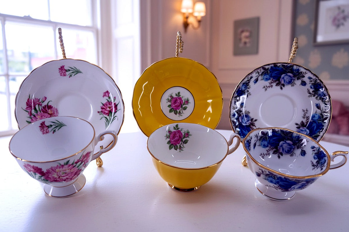 Vintage English bone china teacup and saucer trio with display stands