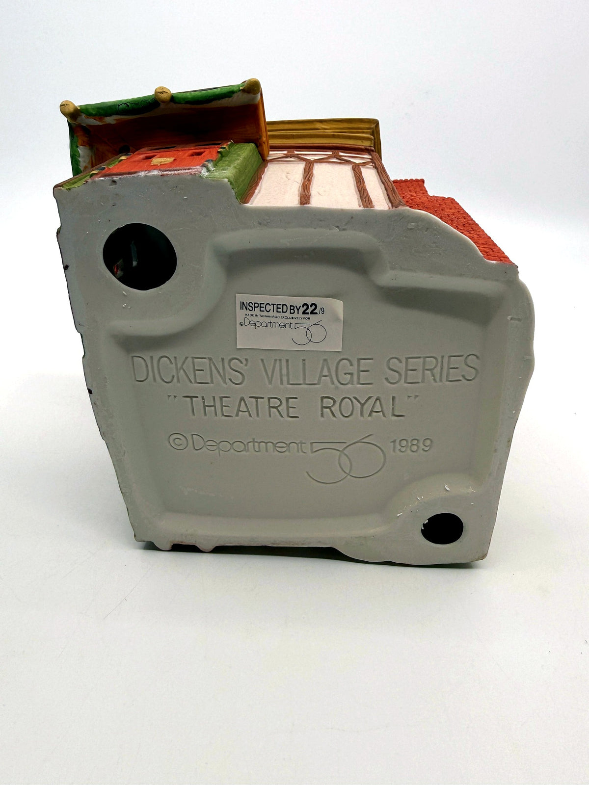 Underside with the molded Dickens' Village Series Theatre Royal mark, 1989 Department 56, and Made in Taiwan sticker