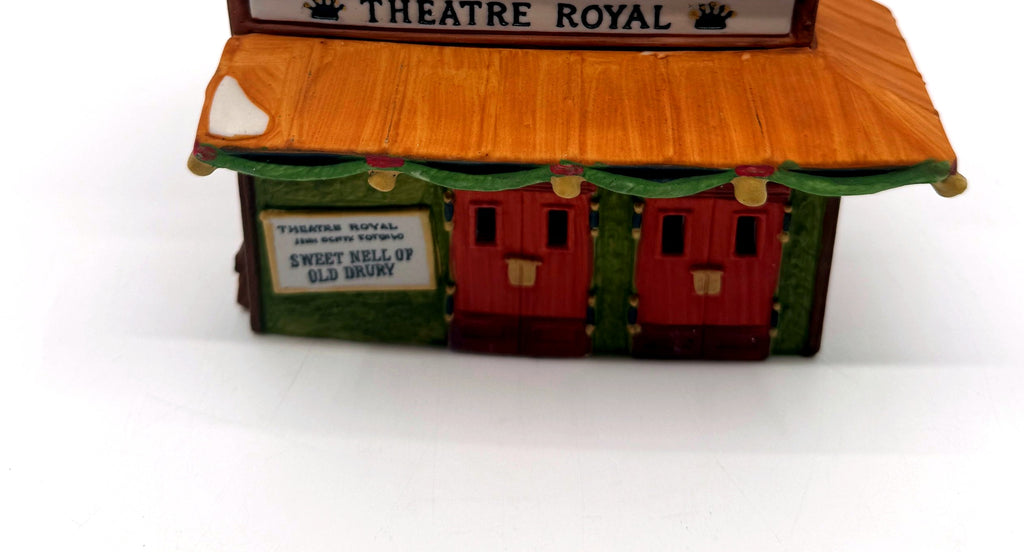 Detail of the Theatre Royal marquee band, canopy, red entrance doors and playbill
