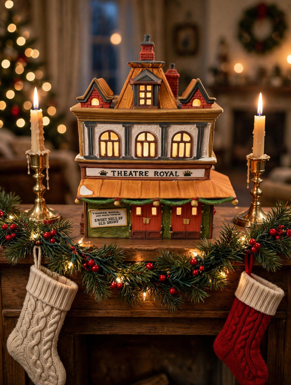 Styled lifestyle photo — Theatre Royal on a Christmas mantel with garland, stockings and candles (display inspiration)
