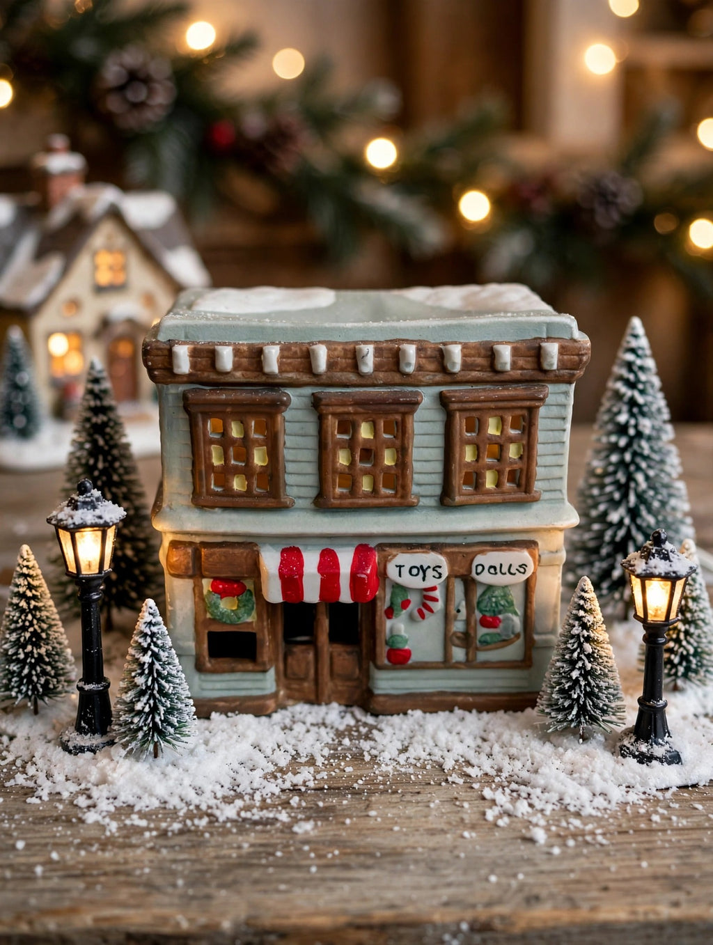 Ceramic Christmas village Toy and Doll shop in a tabletop village scene with lamp posts (styled display image for inspiration; the ceramic shop is the item for sale)