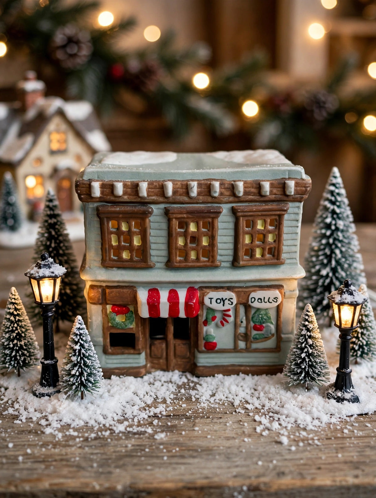 Ceramic Christmas village Toy and Doll shop in a tabletop village scene with lamp posts (styled display image for inspiration; the ceramic shop is the item for sale)