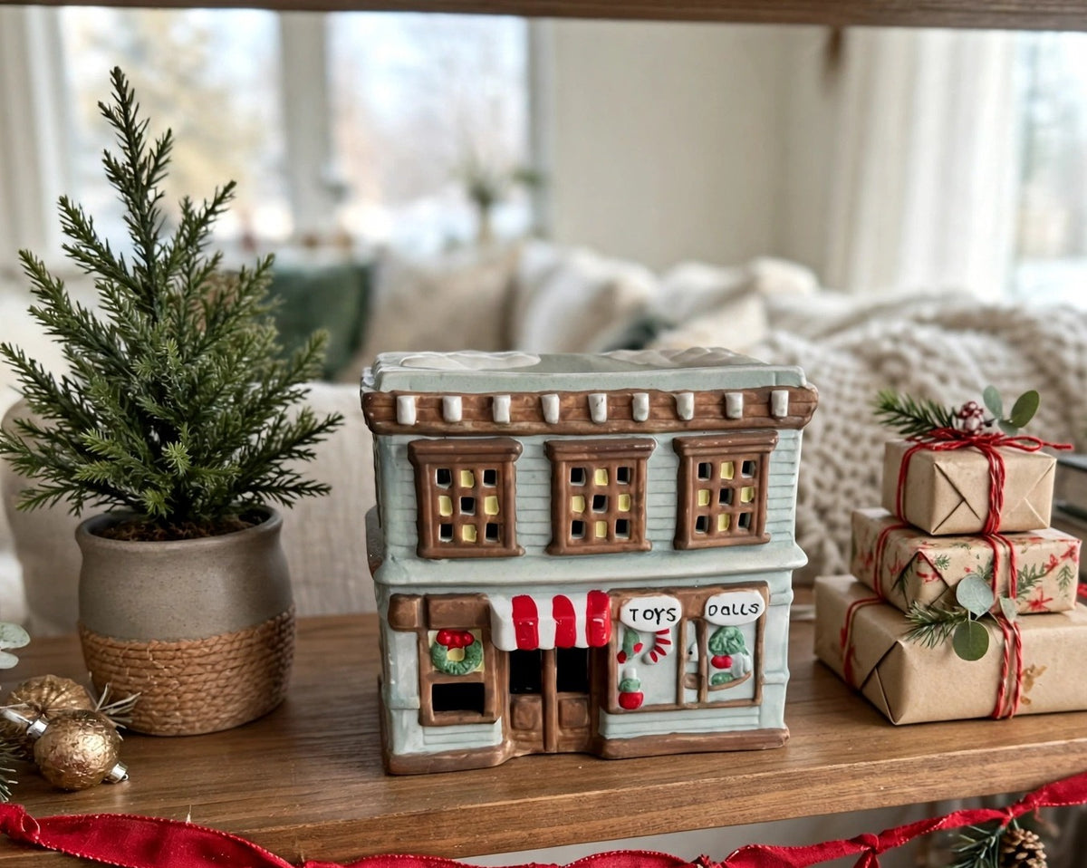 Ceramic Christmas village Toy and Doll shop on a sideboard beside wrapped gifts (styled display image for inspiration; the ceramic shop is the item for sale)