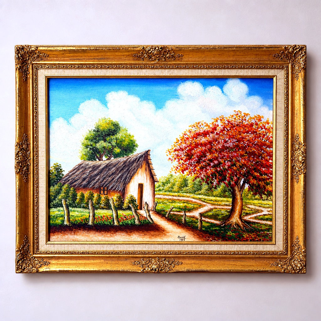 Framed signed 1984 tropical cottage landscape oil painting