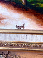 1984 signed oil on canvas tropical cottage landscape, framed — close-up of the signature — 'Enid', dated 84
