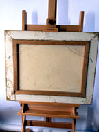 1984 signed oil on canvas tropical cottage landscape, framed — the full back of the canvas on the easel