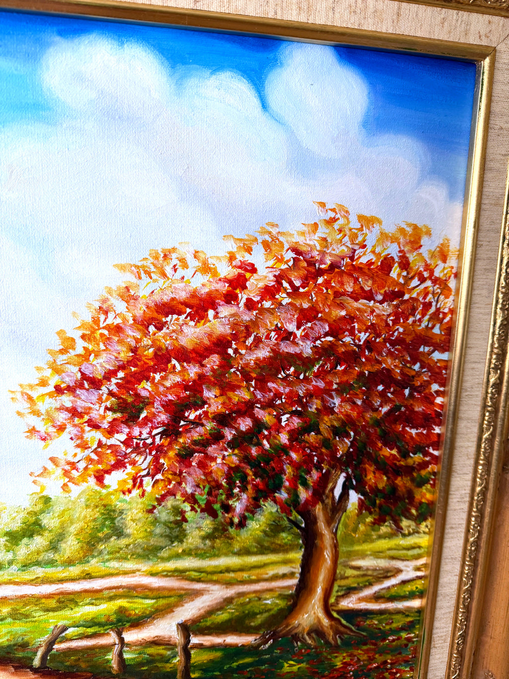 1984 signed oil on canvas tropical cottage landscape, framed — close-up of the red flowering tree