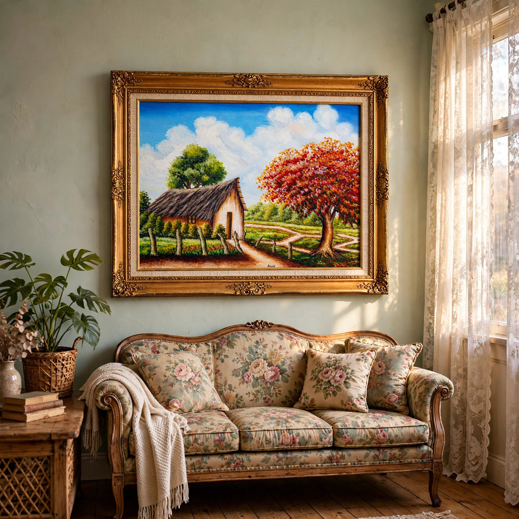 Styled lifestyle photo — the framed 1984 tropical cottage landscape in a vintage parlor with a floral settee and lace-curtain light (display inspiration)