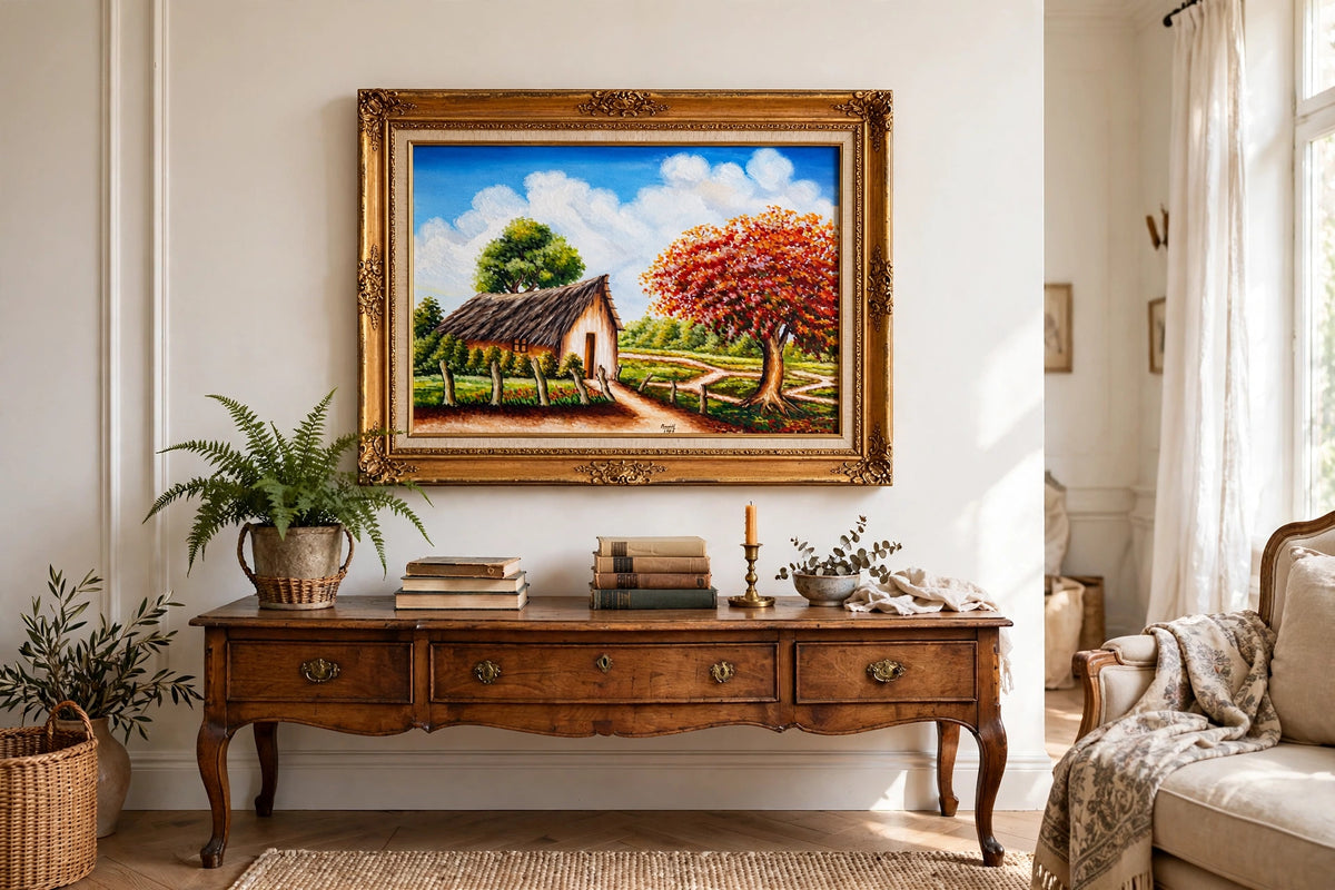 Styled lifestyle photo — the framed 1984 tropical cottage landscape above an antique wooden sideboard in a vintage living room (display inspiration)