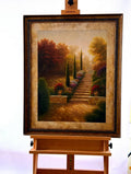 Vintage framed Tuscan garden stairway landscape print — front view on display easel (glare removed)