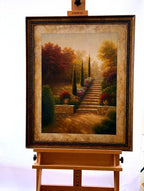 Vintage framed Tuscan garden stairway landscape print — front view on display easel (glare removed)