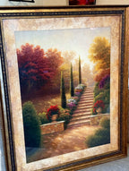 Vintage framed Tuscan garden stairway landscape print — close front view showing the wide textured mat (glare removed)