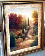 Vintage framed Tuscan garden stairway landscape print — front view, cropped close to the frame