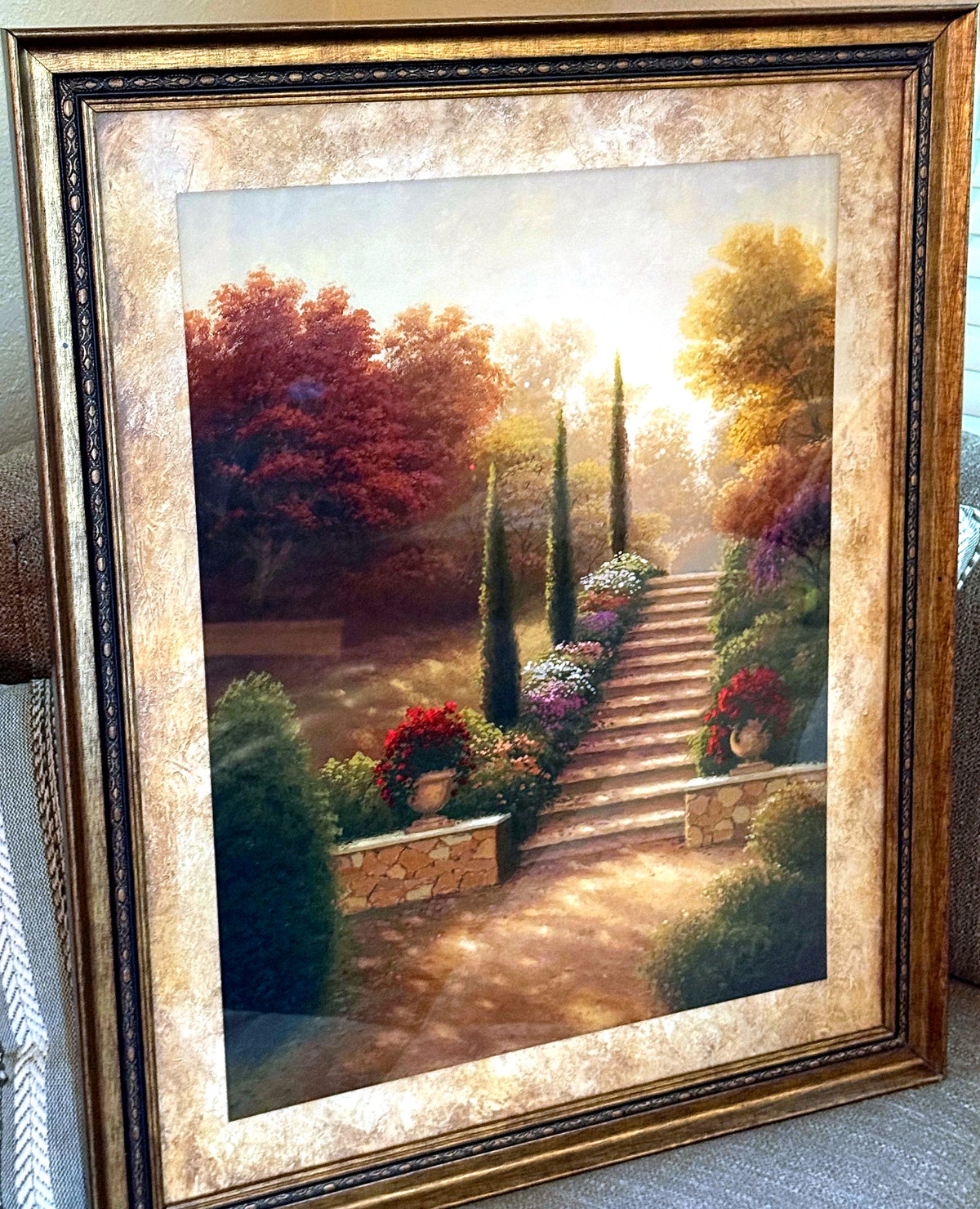 Vintage framed Tuscan garden stairway landscape print — front view, cropped close to the frame