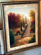 Vintage framed Tuscan garden stairway landscape print — front view at a slight angle (glare removed)
