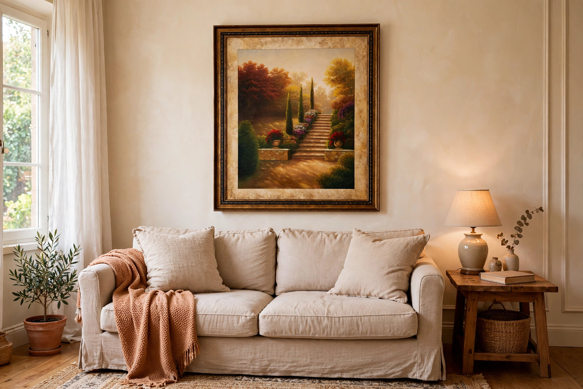 Styled lifestyle photo — the framed Tuscan garden print (25 × 32 in) above a linen sofa in a traditional living room (display inspiration)