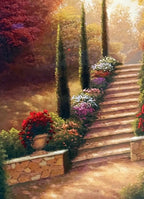 Detail close-up from the artwork — the stone garden stairway, cypress trees and red flower urns