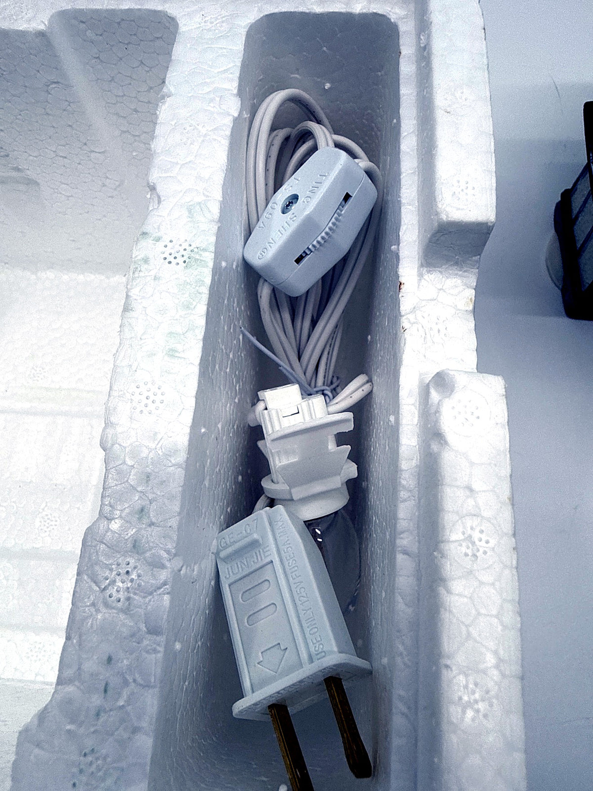 Department 56 Tutbury Printer, Dickens' Village, 1990 – new replacement light cord and bulb in the Styrofoam packaging