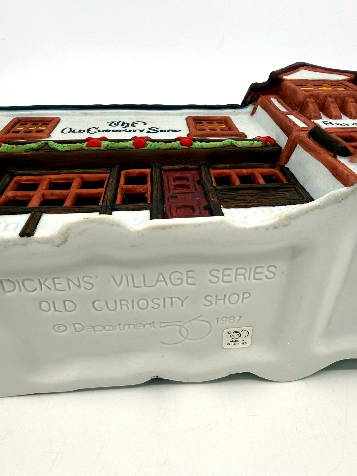 Department 56 Dickens' Village The Old Curiosity Shop #5905-6 — underside, molded Department 56 1987 mark and Made in Philippines sticker