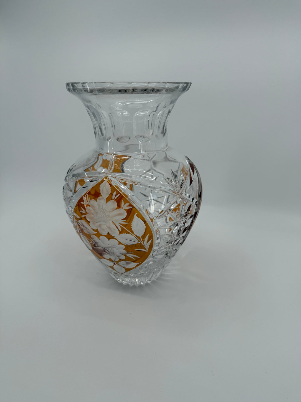 Amber cut-to-clear crystal floral vase, front view (original color)