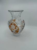 Amber cut-to-clear crystal floral vase, front view (original color)