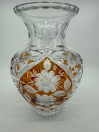 Amber crystal vase, close front view of flared rim and neck (original color)