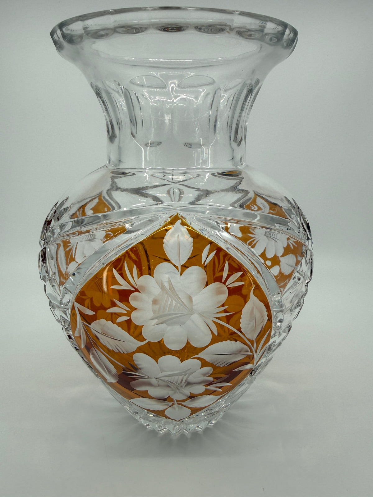 Amber crystal vase, close front view of flared rim and neck (original color)
