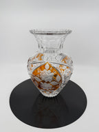 Amber crystal vase on display stand, starburst panel front (original color)