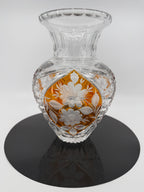 Amber crystal vase on display stand, wide front view (original color)