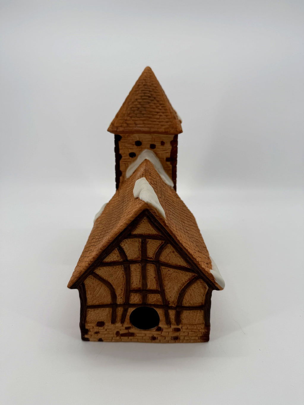 Department 56 Dickens' Village Church – back view with timber-framed gable and bulb opening